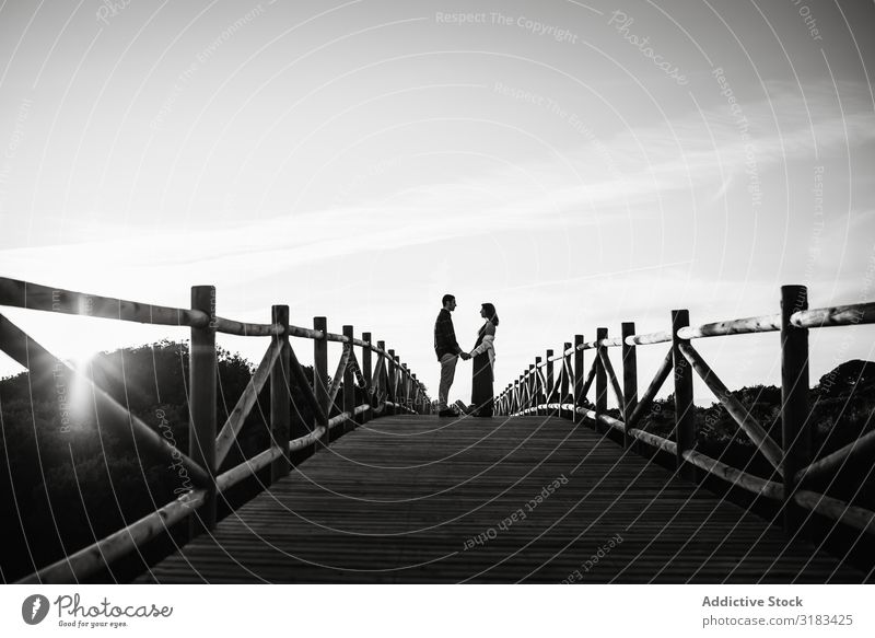 Couple on bridge against sunset sky Bridge Sunset Sky Love Date holding hands Pregnant Happy Showing one's bellybutton Adults tender Relationship Man Woman