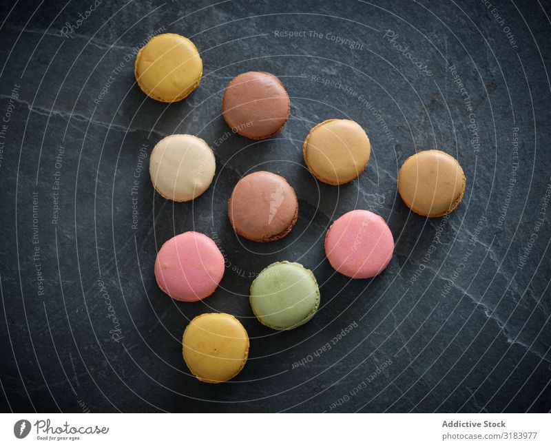bright fresh tasty macaron biscuits on grey board Heap Macaron Multicoloured Delicious Board Fresh Tasty Pink Cookie Bright yummy flavour Ingredients Set
