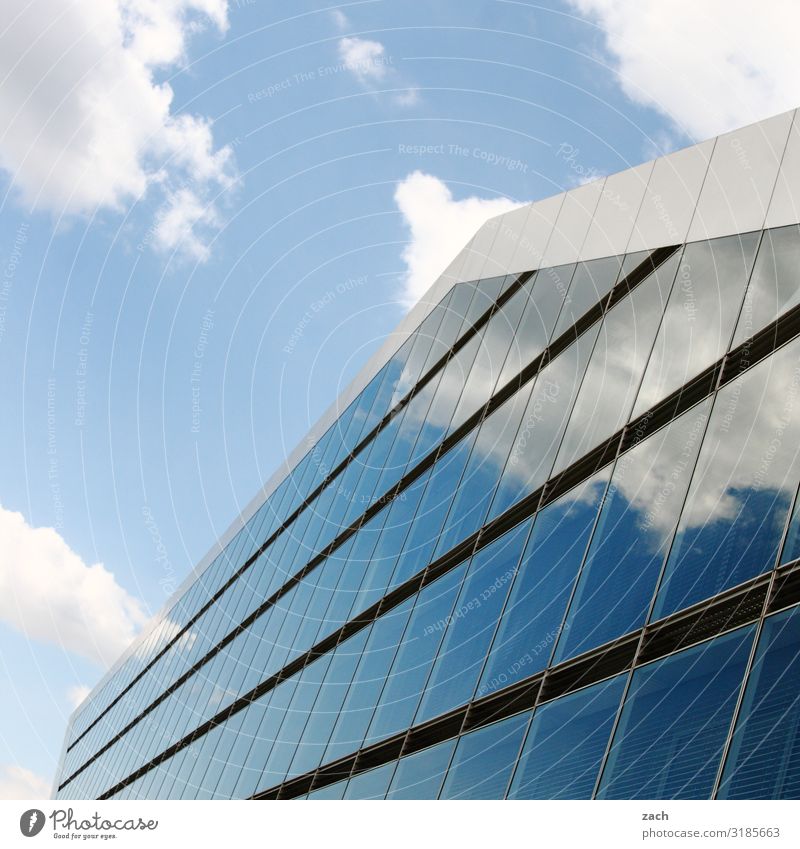 divided sky Sky Clouds Beautiful weather House (Residential Structure) High-rise Industrial plant Building Architecture Facade Mirror Glass Line Town