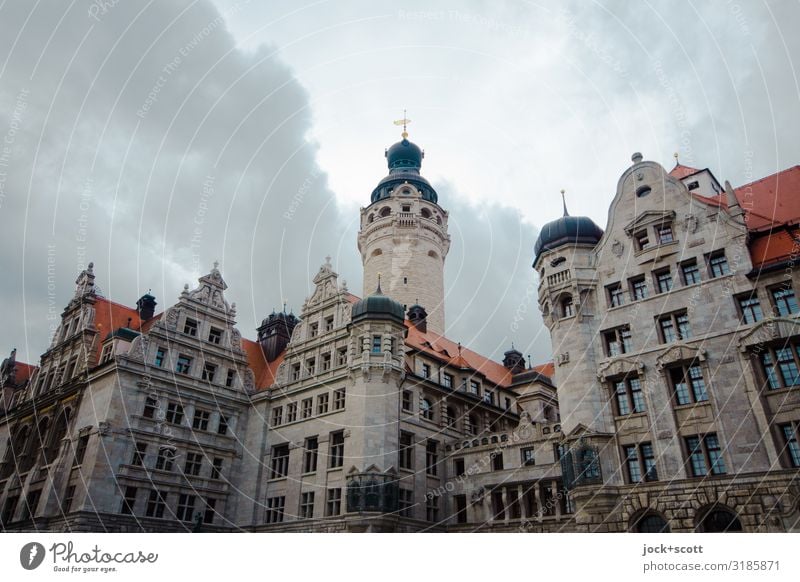 New City Hall Leipzig City trip Historicism Clouds Winter City hall Tower Facade Tourist Attraction Landmark Authentic Original Past Old times
