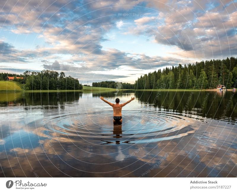 Man standing in water with opening hands Opening Arm Water Happy Vacation & Travel Leisure and hobbies Tourism Lifestyle Human being enjoyment Finland Swimming