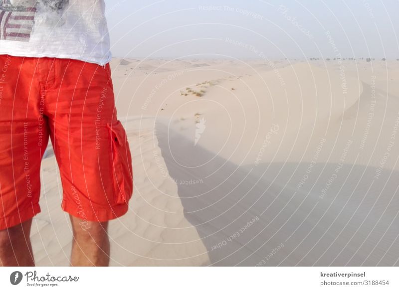 in the desert Human being Masculine Body Legs 1 30 - 45 years Adults Sand Sky Horizon Summer Beautiful weather Drought Desert Clothing T-shirt Pants