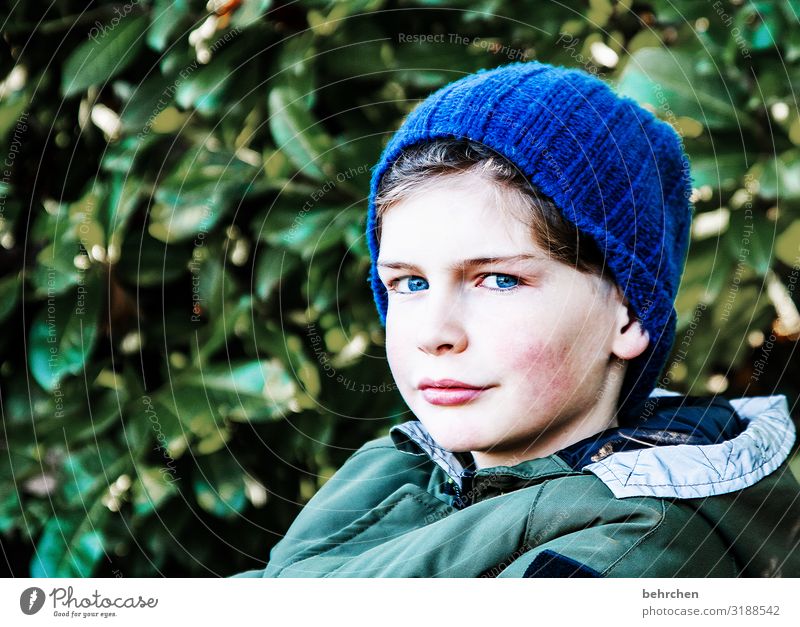 warming | cap Son Family Cool blue eyes Cap Blue Smiling Cool (slang) Sunlight Face Child portrait Close-up Boy (child) Family & Relations Infancy observantly