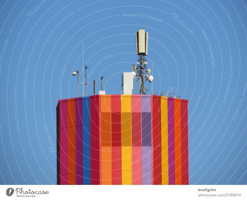 signal effect Tower Building Antenna Satellite dish mobile phone antenna Communicate Illuminate Sharp-edged Tall Above Town Blue Multicoloured Colour