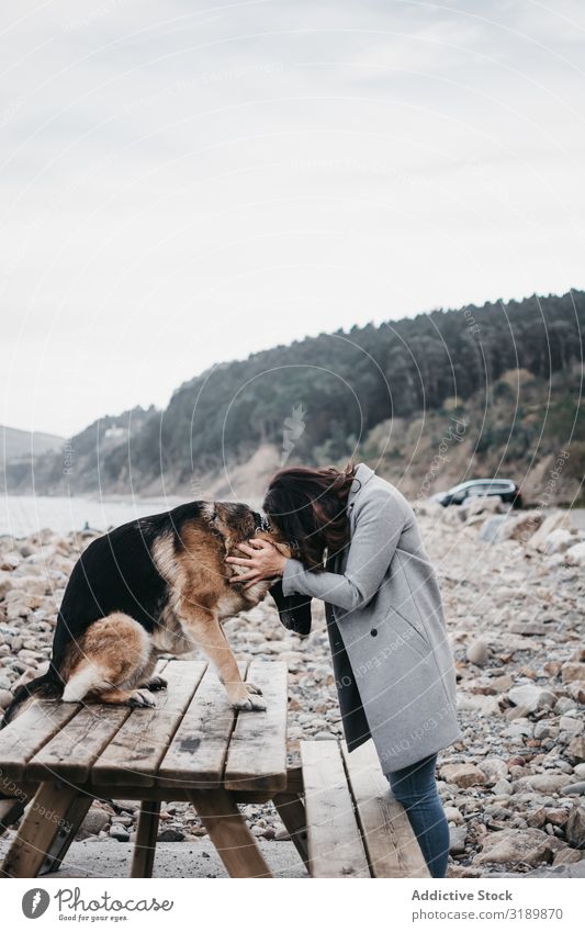 Young woman hugging sad dog on seashore Woman Embrace Dog Sadness Considerate Friendship Beach Coast Nature Shepherd doggy Domestic Pet Animal