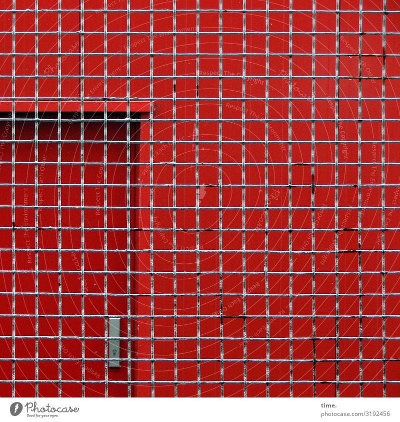 Stories of the fence (XXXVI) Hamburg Building Door Fence Grating Mesh grid Line Network Town Gray Red Safety Protection Endurance Unwavering Fear Nerviness