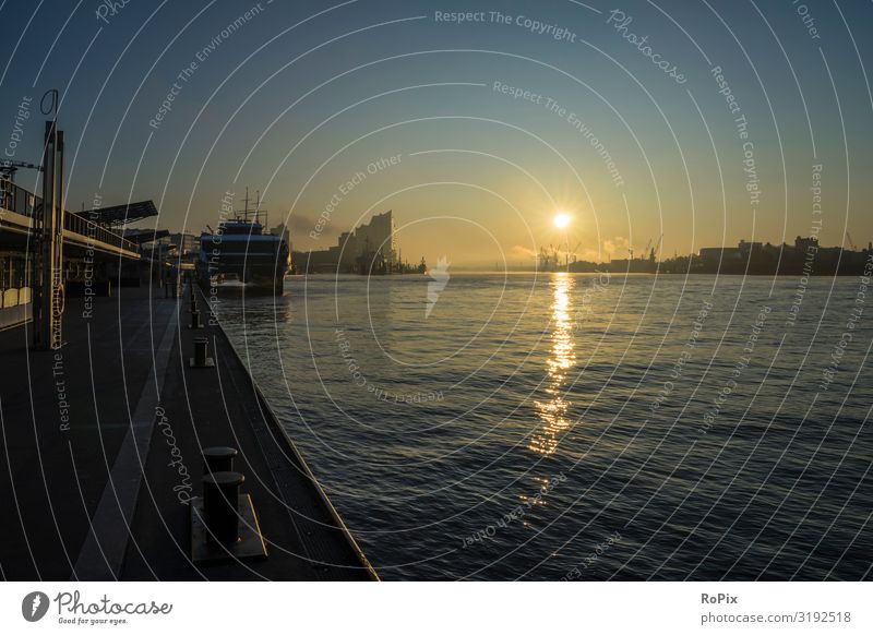 Sunrise in the harbour of Hamburg. Lifestyle Design Economy Industry Trade Human being Art Architecture Environment Nature Landscape Elements Air Sky
