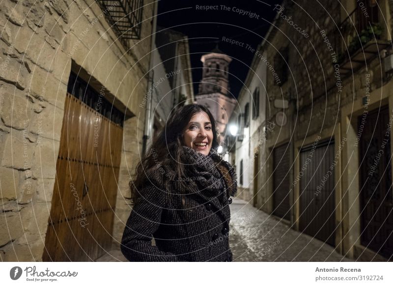 wide angle iage of woman in european old streets Winter Woman Adults Autumn Architecture Balcony Street Scarf Historic Europe Baeza spanish 30s Caucasian