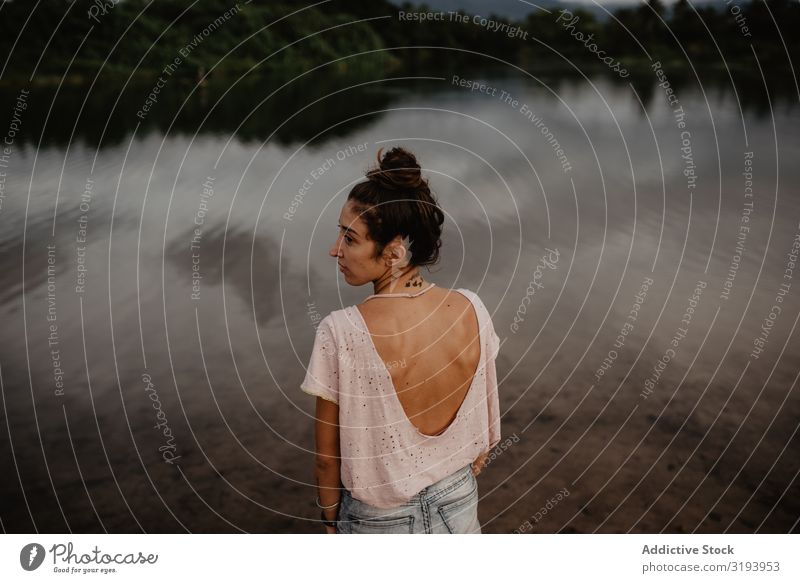 Portrait of woman in nature Woman Portrait photograph Looking away Lake Youth (Young adults) Nature Water Calm tranquil Lady Lifestyle Easygoing Gesture Pond