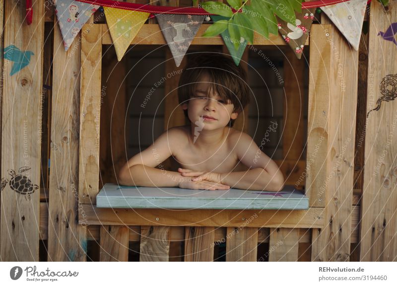 Child in a playhouse in summer hut House (Residential Structure) Window Summer Garden Playing Colour photo wood Infancy Meditative Authentic real Palett Nature