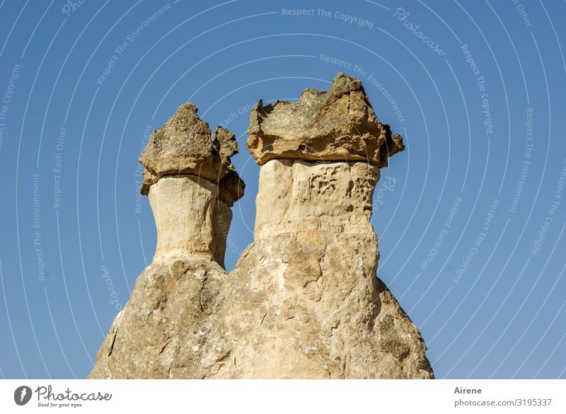 Men with hats Nature Sky Cloudless sky Tufa Sandstone Rock formation Cappadocia Turkey Anatolia Tourist Attraction Exceptional Famousness Exotic Tall Round