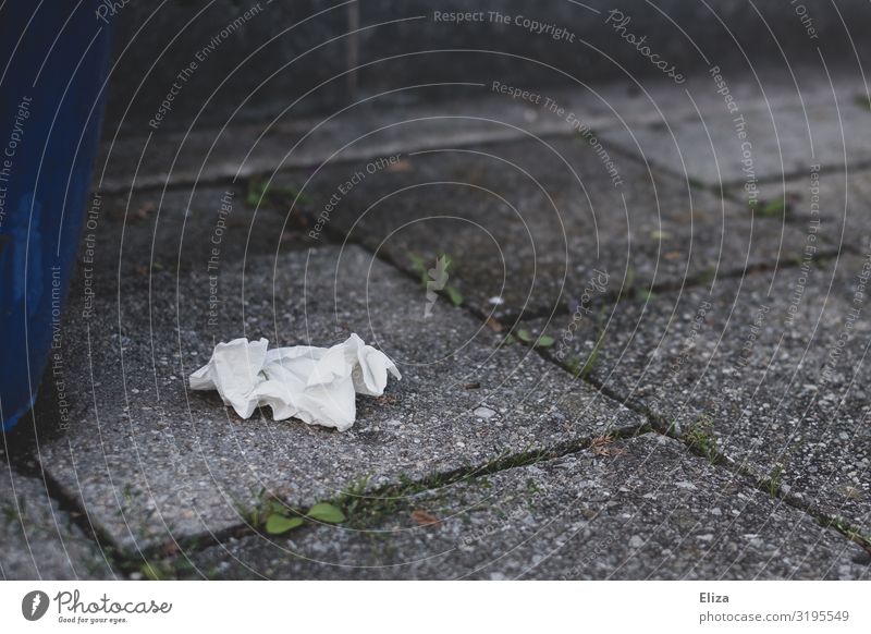 adieu Handkerchief Environmental pollution White Trash Ground jettisoned Wrinkles Paper Colour photo Exterior shot Deserted Copy Space right Copy Space top