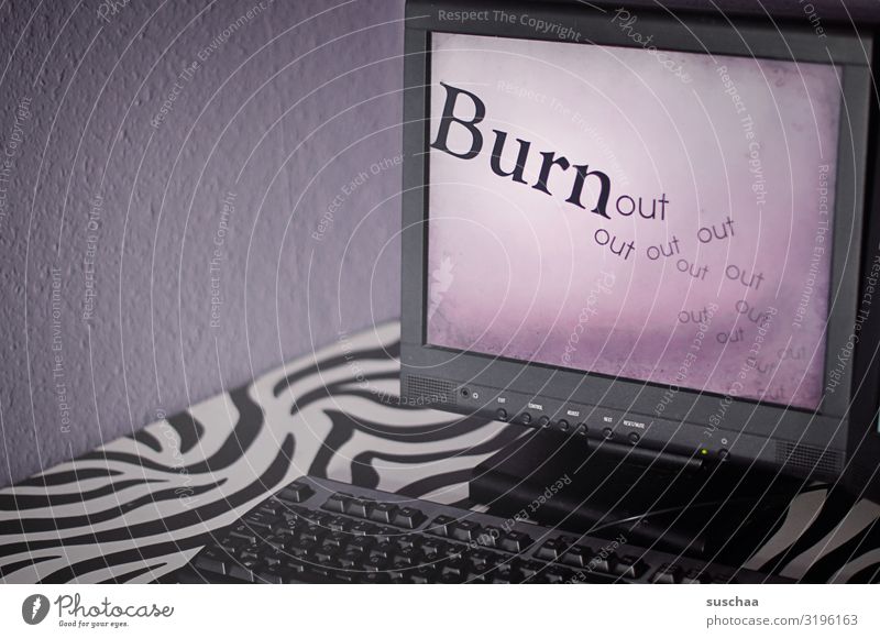 burn..out Computer Screen Workplace Desk Keyboard Sadness Exhaustion pathogenic performance working conditions Overtime hour Labor time Illness Cure