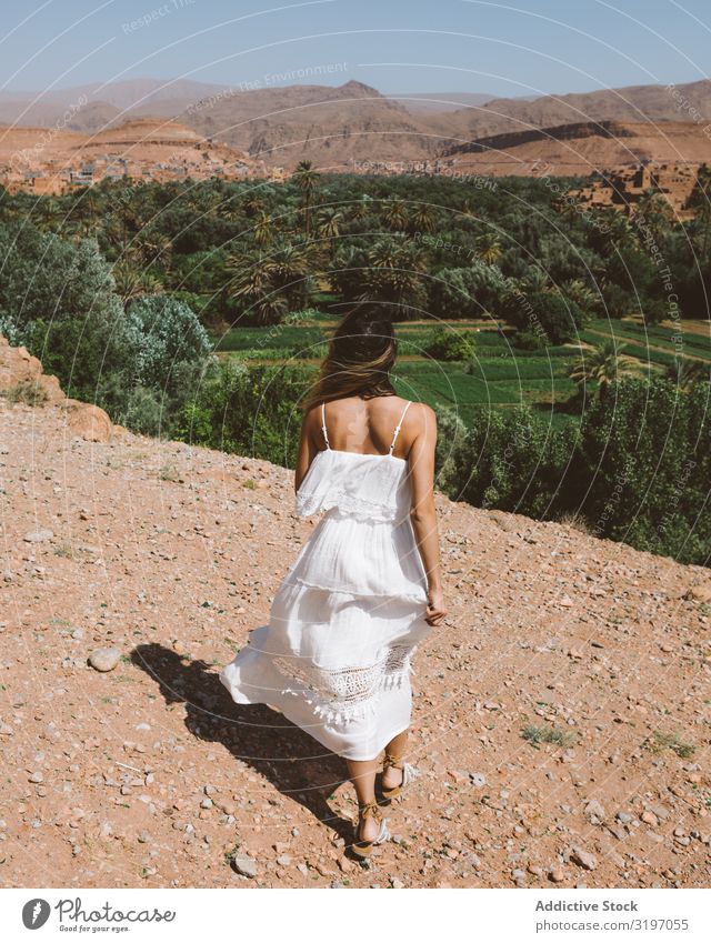Woman in white against tropical garden Desert Palm of the hand Hill Morocco Garden Summer Landscape Freedom white dress Tourism Oasis Beautiful Remote Heat