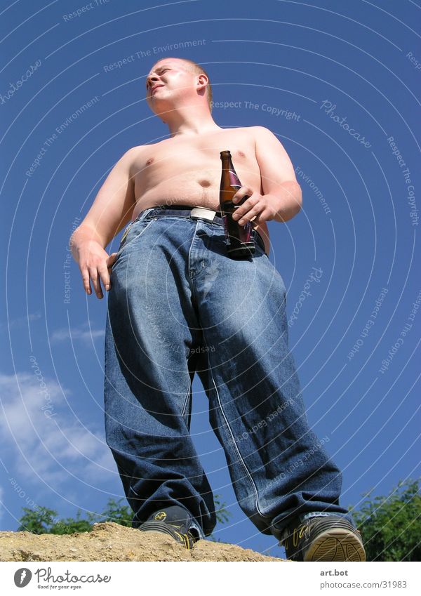 cool Posture Upper body Beer Man Looking ) Blue sky Thirst