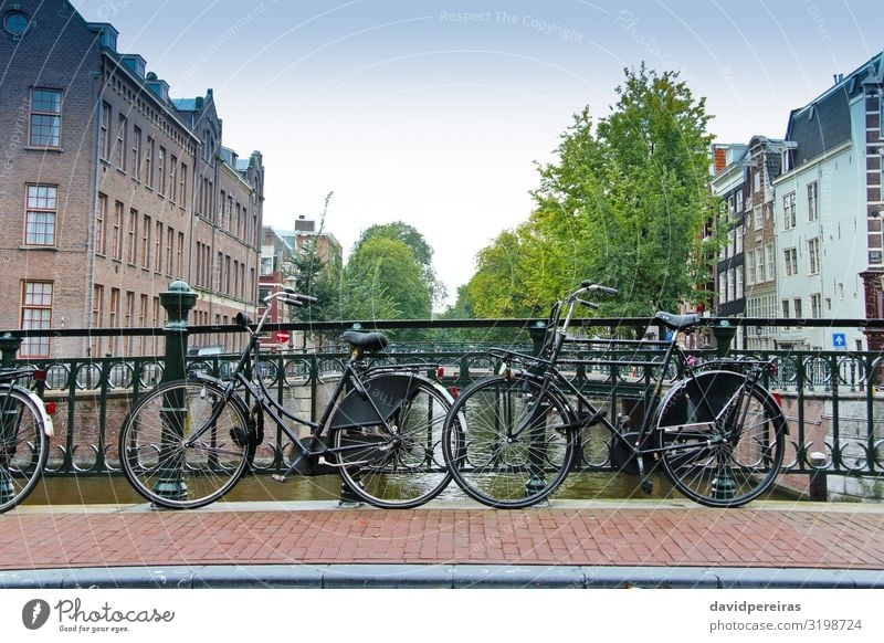 Couples of bikes over the canal of Amsterdam Lifestyle Vacation & Travel Tourism House (Residential Structure) Culture Tree River Town Places Bridge Building