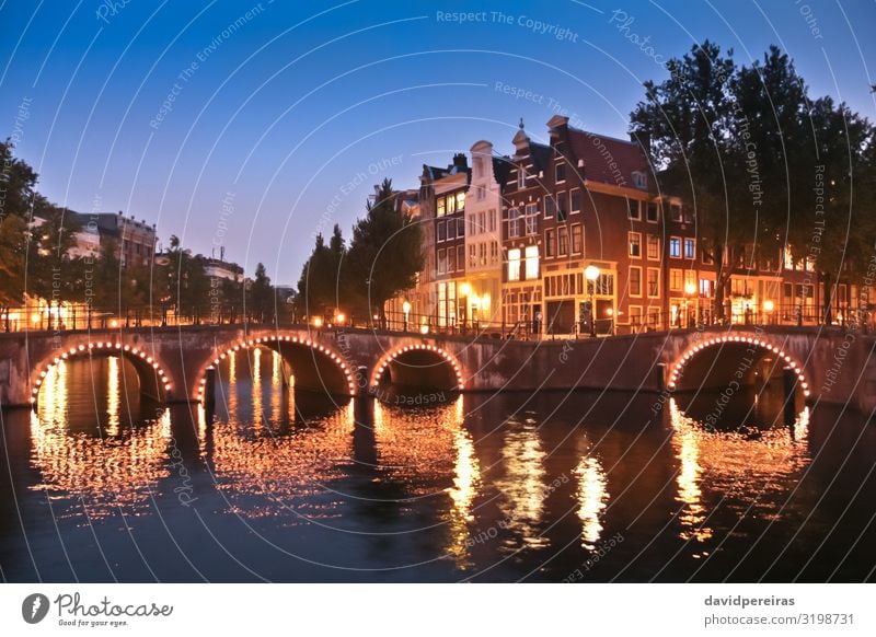 Amsterdam canals and bridges at night Vacation & Travel Tourism House (Residential Structure) Town Bridge Building Architecture Street Old Blue Yellow