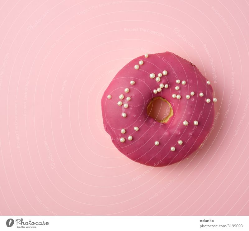 red round donut with white sprinkles Dessert Nutrition Breakfast Decoration Feasts & Celebrations Fresh Delicious Above Pink Red Tradition background Baking