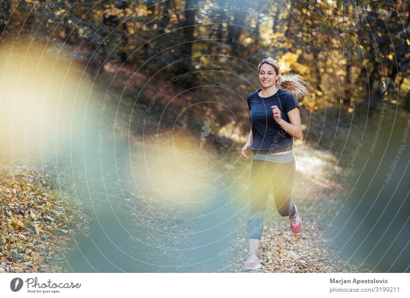 Young sporty woman running in the woods in autumn Healthy Athletic Fitness Life Sports Sports Training Track and Field Sportsperson Jogging Feminine Young woman