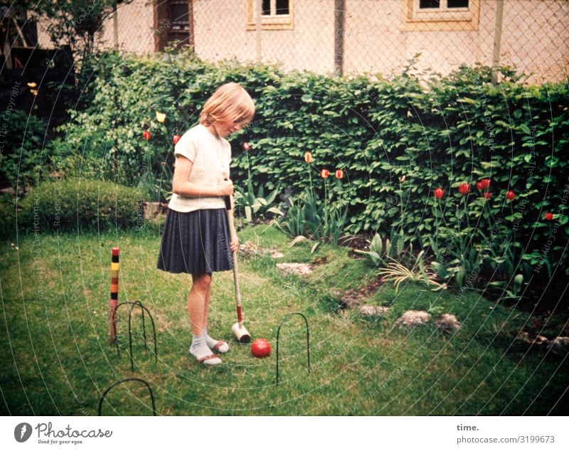 Childhood games | Crocket Garden Sports Ball sports Croquet Feminine girl 1 Human being Hedge Meadow House (Residential Structure) Shirt Skirt Blonde