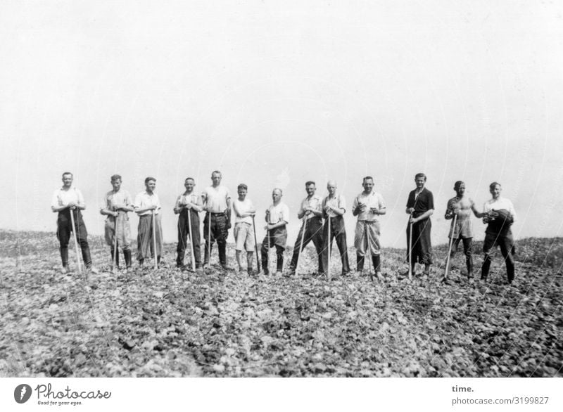 back to the roots | nothing comes from nothing Farm labor Spade Stand acre thirteen sunny Horizon Group photo Working equipment Summer Agriculture Laughter