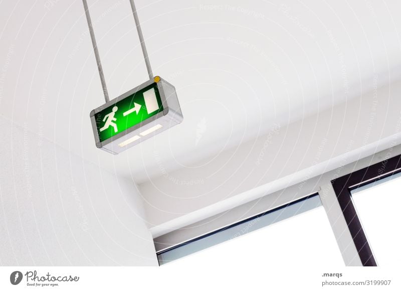 exit Interior design Window Sign Signage Warning sign Pictogram Bright Green Black White Target Way out Escape brexite Emergency Panic Fear Colour photo