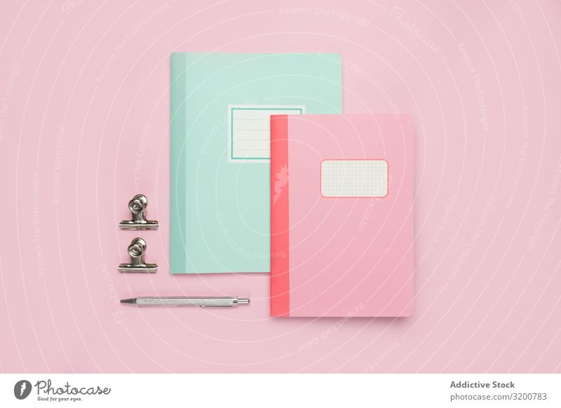 School stationery set on pink background Stationery Notebook Pen Ruler Pencil Office Accessory Paper Magazine Manual Equipment Supply Crayon Education