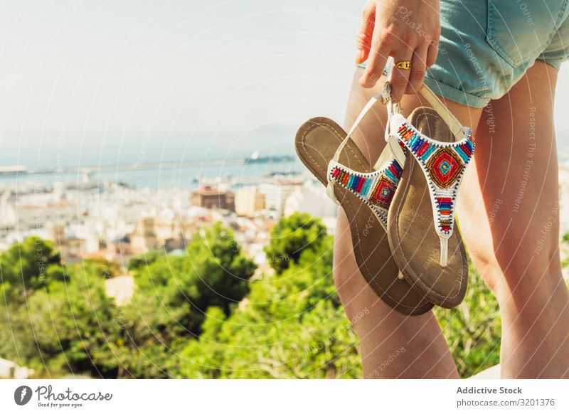 Woman with sandals in hand standing and looking at stunning landscape Sandal Landscape breathtaking Vacation & Travel Youth (Young adults) Beautiful Trip