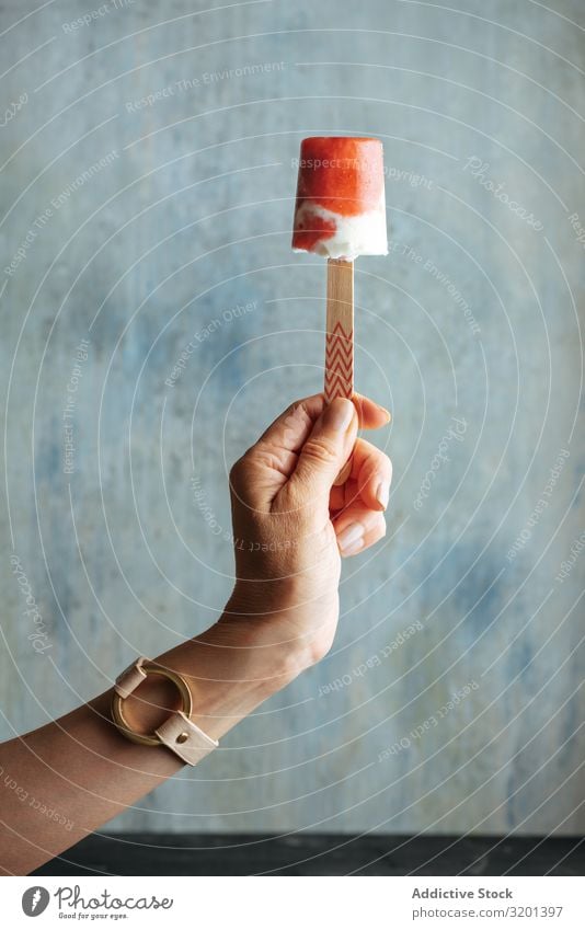 Watermelon and cream popsicle ice-cream Woman Hand Hold Food Close-up Snack Water melon Cream Fresh Cool (slang) Ice Dessert Cold Summer Tasty Home-made Fruit