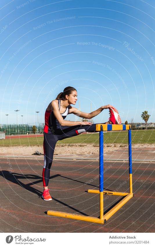 Female athlete stretching on hurdle on stadium Woman Stretching Hurdle Stadium lengthen Sports Track Youth (Young adults) Sportswear Sky Blue Competition Jump