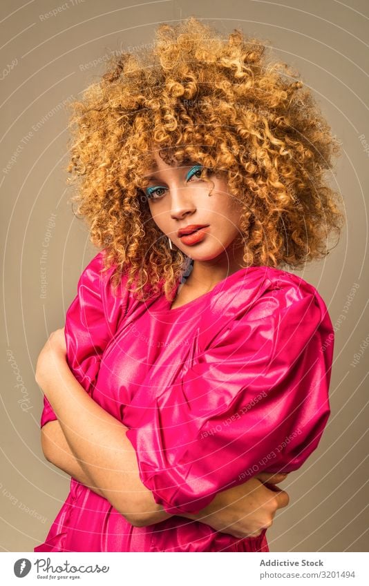 Retro female embracing torso Woman outfit Make-up Bright Curly hair Torso Youth (Young adults) Model To enjoy Colour Vintage Style Hip & trendy Fashion vogue