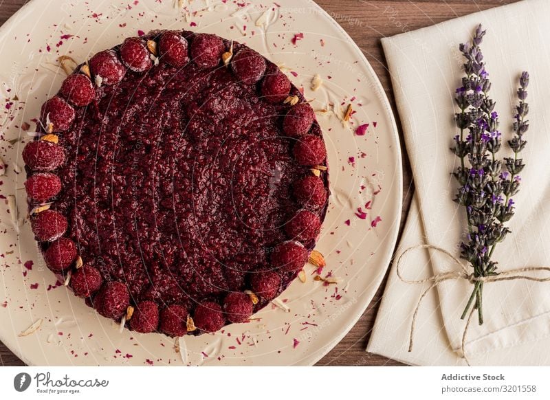 Fruit berry pie and branch of lavender on table Cake Vegan diet Raspberry Food Dessert Sweet Fresh Red Delicious Berries Home-made Baked goods Decoration Wood