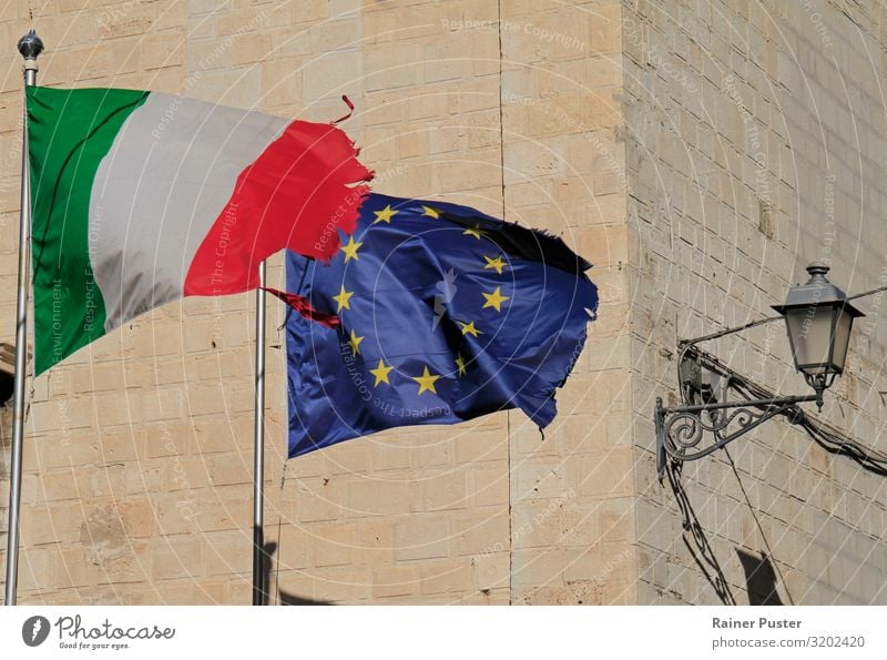 EU and Italian flags in the wind Bari Italy European flag Sign Flag Ensign Blue Green Red Agreed Loyal Together Solidarity Responsibility City Alliance Fame