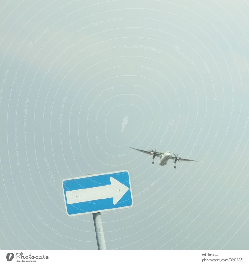 Entry ban - plane in the one-way street One-way street Airplane Aviation Road sign Flying Funny Road marking Groundbreaking travel ban air traffic Copy Space