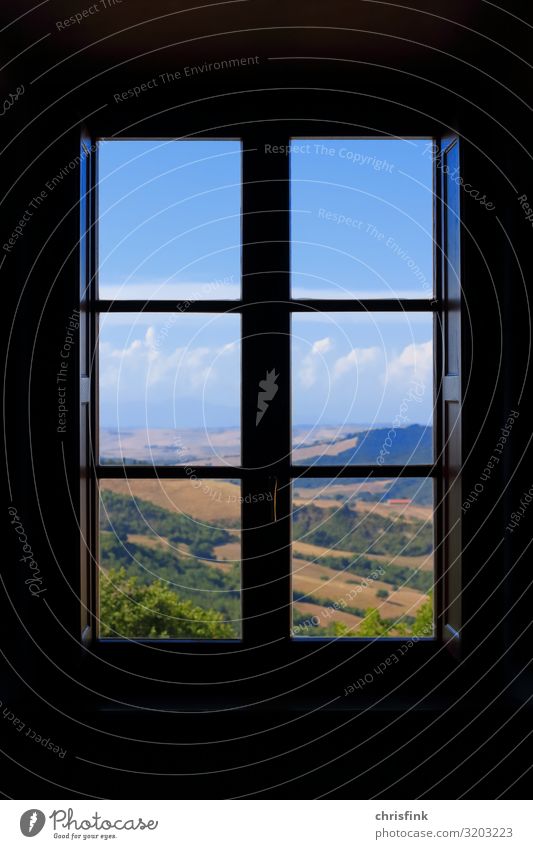 View through windows on mountains in Toscana Lifestyle Elegant Living or residing House (Residential Structure) Room Environment Landscape Wood Glass To enjoy