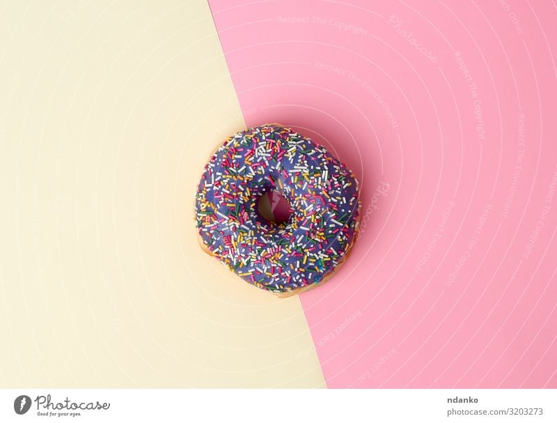 round baked donut with colored sugar sprinkles Dessert Candy Nutrition Breakfast Decoration Fresh Bright Delicious Above Yellow Pink Colour Tradition background