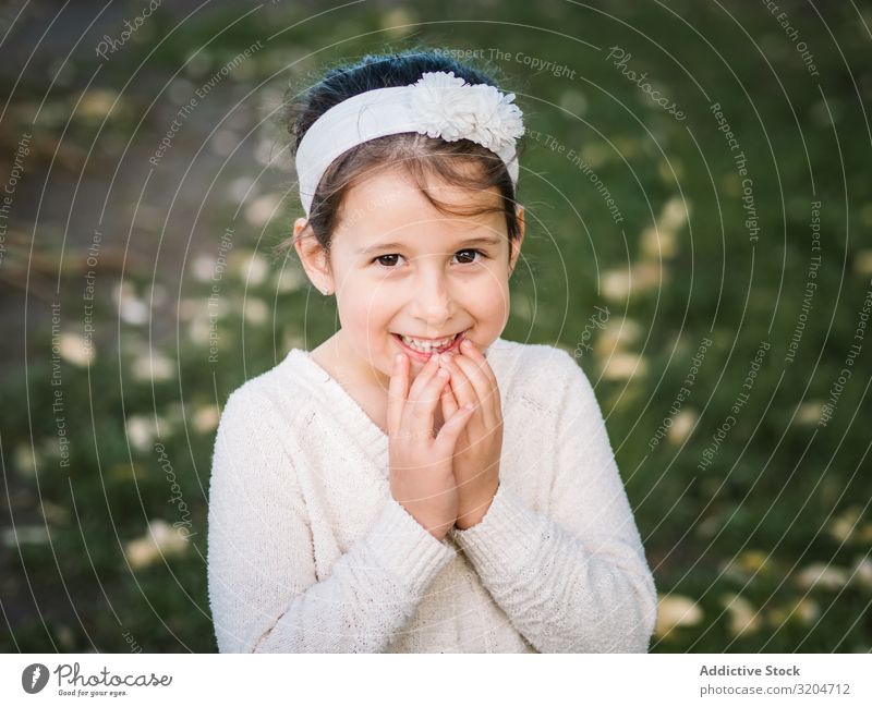 Portrait of charming smiling little girl in park Girl Portrait photograph Park Charming Small Happy Delightful Child Summer Woman Beautiful Attractive Model