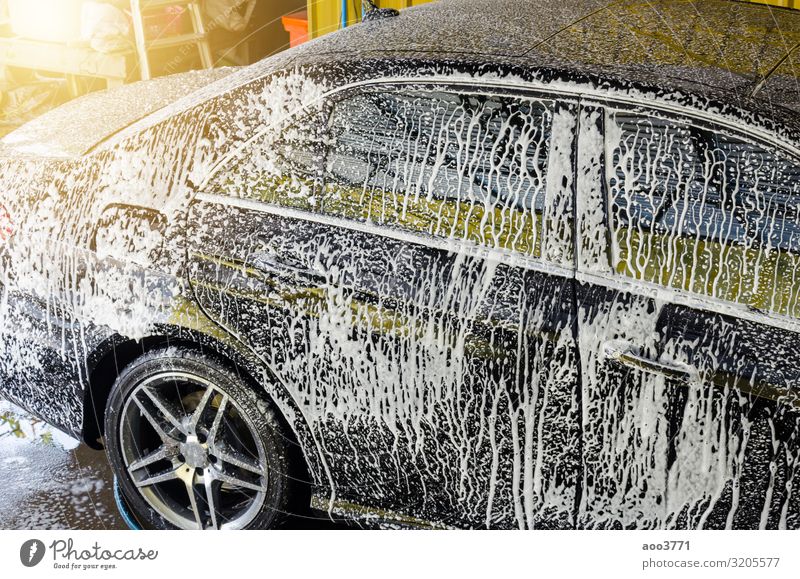 car wash with foam Work and employment Profession Industry Business Transport Car Dirty Wet Clean Black White bubble care cleaner cleaning clear detergent