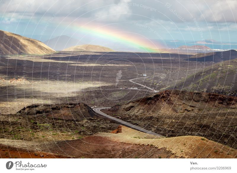 somewhere over the rainbow Nature Landscape Earth Sky Clouds Autumn Rainbow Hill Lanzarote National Park of Timanfaya Street Exceptional Beautiful Blue Brown