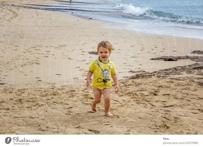 Favorite person Child Toddler Girl Beach Sand Ocean vacation Waves Walking Nature out Beige