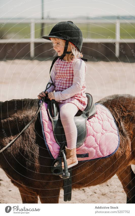 Little happy girl riding horse on hippodrome smiling sport ride portrait equestrian child practice childhood kid little jockey rural animal ranch training