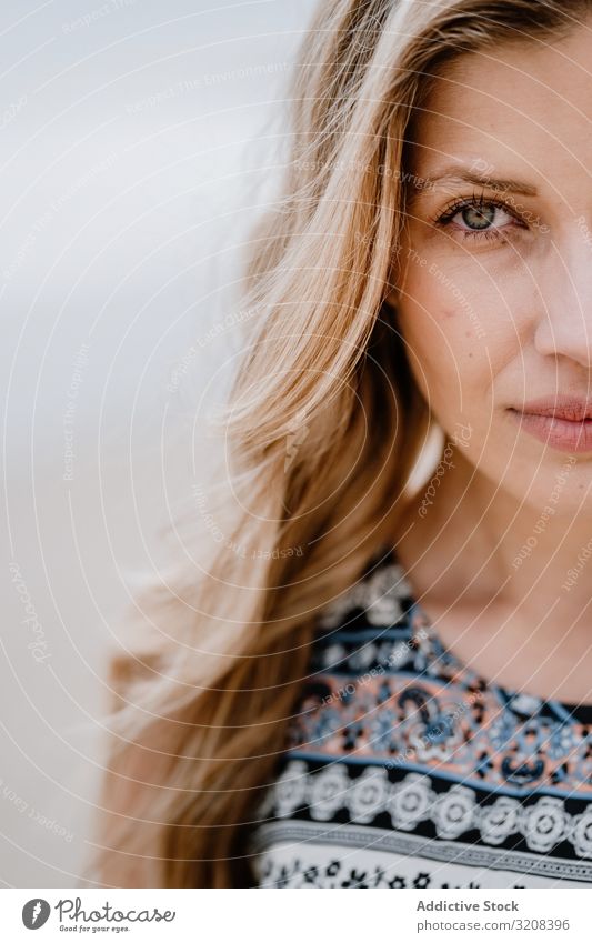 Crop of half face of beautiful young woman portrait beauty close-up fashionable crop view glamorous summer female person attractive blonde pretty casual stylish
