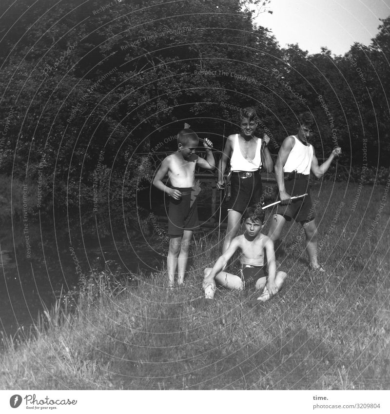 Contemporary History | Boys' Games 1929 Meadow Brook Playing Weapons tools Guys Summer Knives hatchet Stick Forest pose demonstrate group picture Undershirt