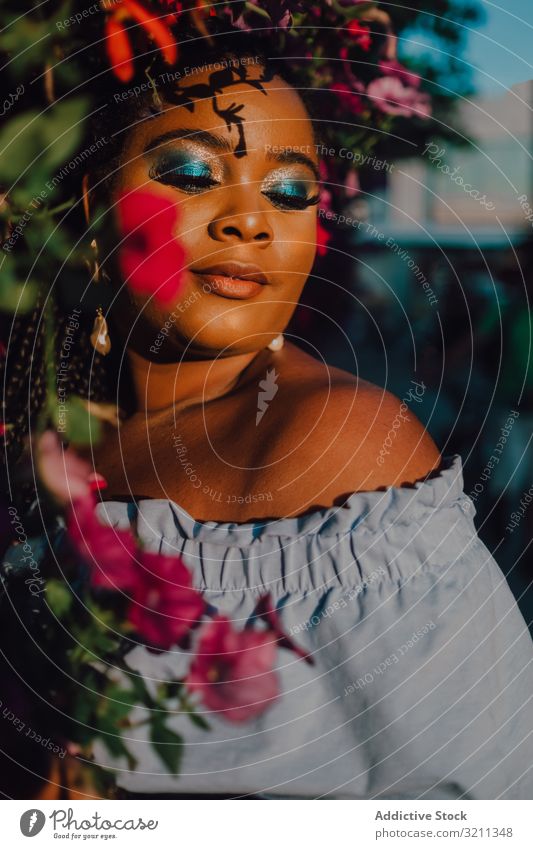 Joyful trendy African American woman standing beside blossomed tree joyful stylish sunshine modern content attractive vibrant sunset african american black