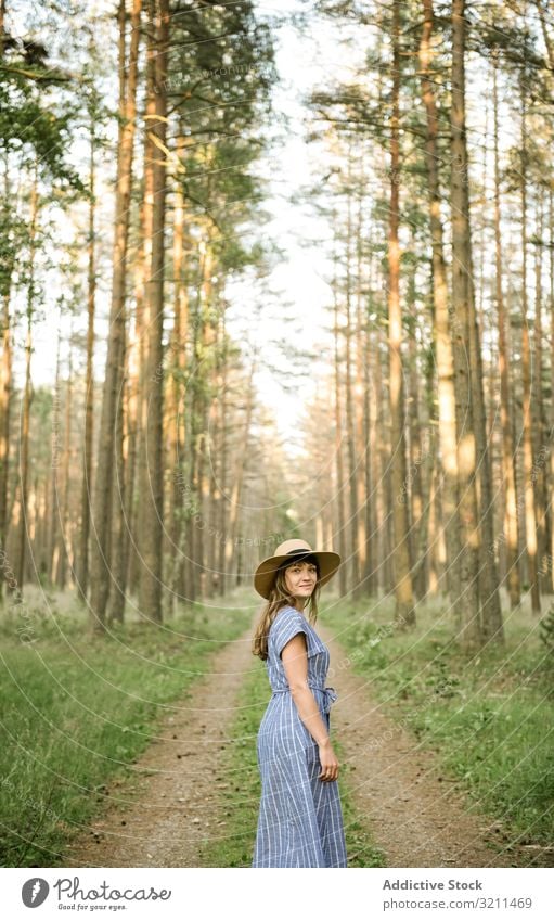 Young woman standing among pine trees forest road casual explore woods carefree walk straw hat sunny blond environment coniferous nida lithuania stroll dress