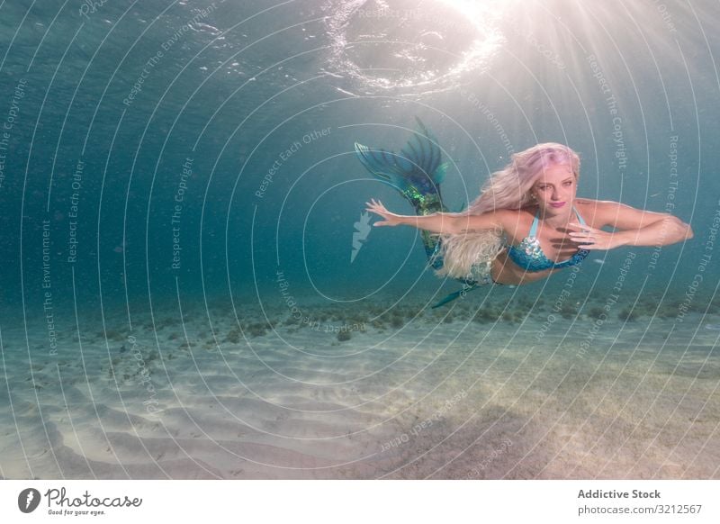 Blond fairytale female mermaid swimming underwater carefree fishtail blue sea deep blond beautiful daylight woman shiny long hair bright summer nature young