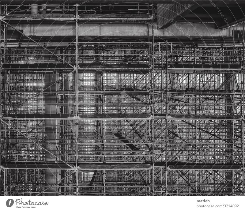 Equipped Deserted High-rise Manmade structures Building Sharp-edged Gigantic Scaffolding Carrier Pipe Wooden board Arrangement Muddled Black & white photo