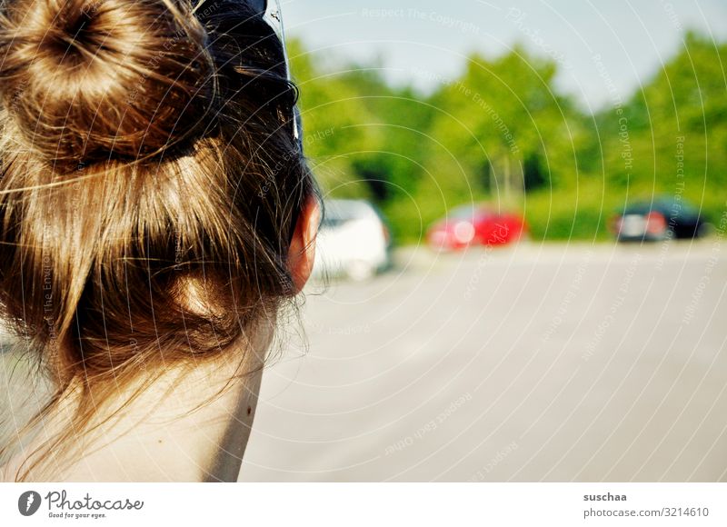 neck and bun Head Back of the head Hair and hairstyles Chignon Nape Neck Girl Child teenager Street Town Car Tree Summer beautiful day Shallow depth of field