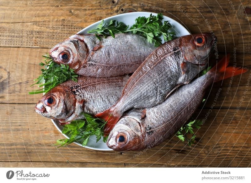 Big fish with red tail in plate seafood parsley fresh cooking appetizing dinner preparation ingredient omega freshness frozen oceanic marine gourmet chop meal