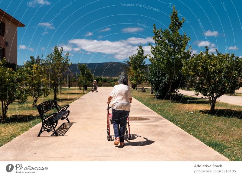 Elderly woman with walker on street aged park experience wisdom activity healthy exercise grandmother attention grandparent generation senior elderly female